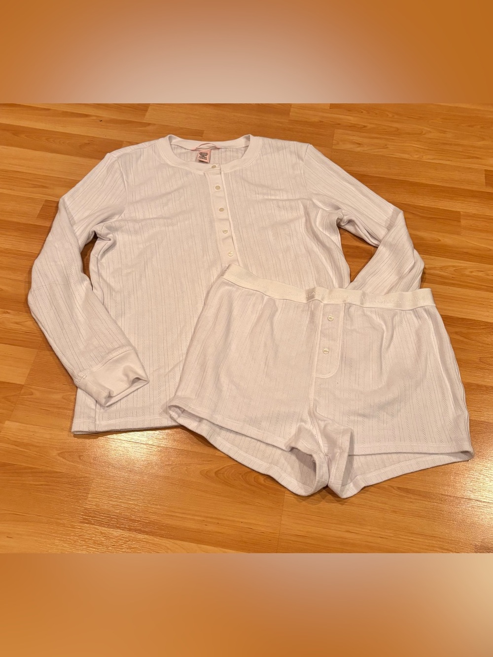 Victoria’s Secret White Long Sleeve Ribbed Henley Top & Shorts Pajama Set